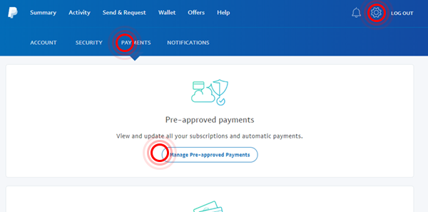 Screenshot van de pagina voor vooraf goedgekeurde betalingen van PayPal